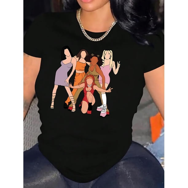 Camiseta De Mujer Camiseta De Verano Para Mujer Para Viajes En La Calle Trabajo1pc Women'S Fashion Crew Neck T-Shirt with Trendy Girl Group Portrait Print, Casual Knit Polyester Blend Top with Mediu