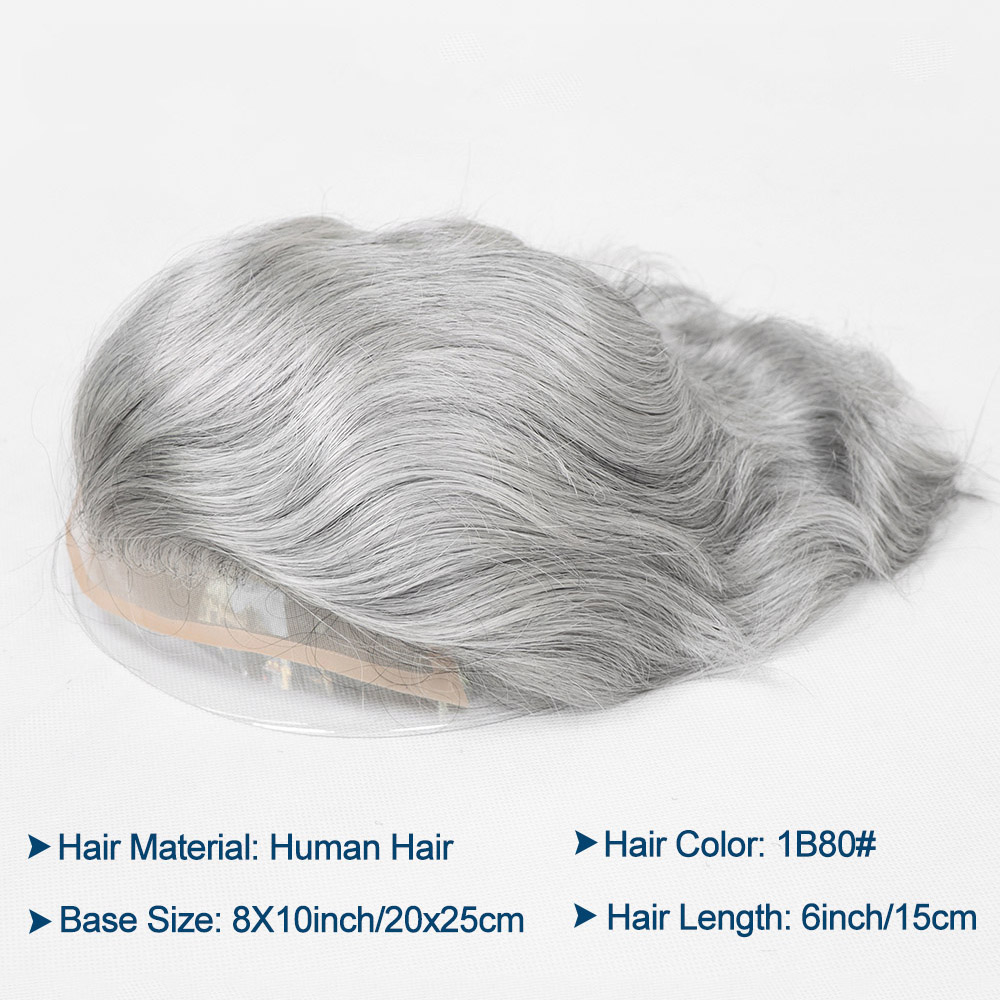 Toupee Men Mono Top with PU around and French Lace in Front Mens Toupee 20% 1B Black Color Mixed 80% Grey Hair Replacement System for Men