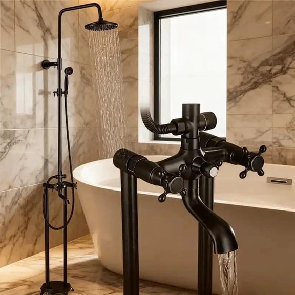 Black Freestanding Rainfall Tub Faucet System Set Floor Mounted Bathtub Faucet