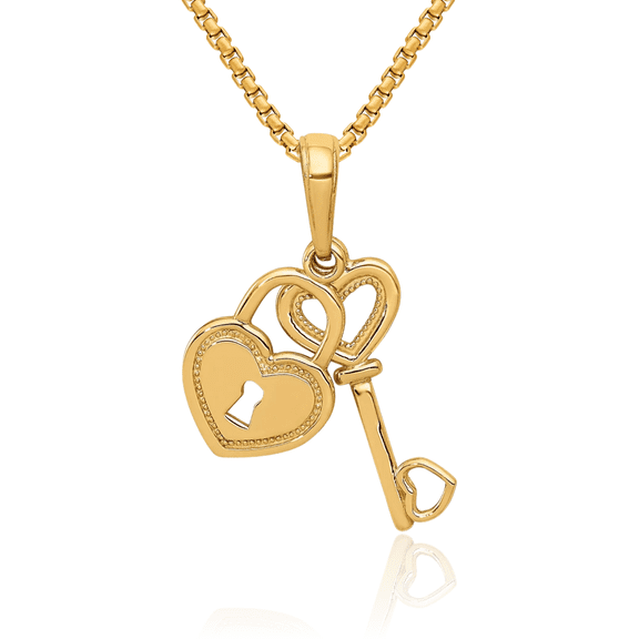 10K Solid Yellow Gold Heart Key Lock Necklace Chain Pendant Charm
