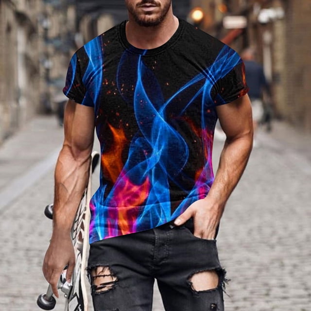 Qertyioot Homme en Lin de Coton Été Col Rond Imprimé Casual Manches Courtes Col Rond Top/chemise
