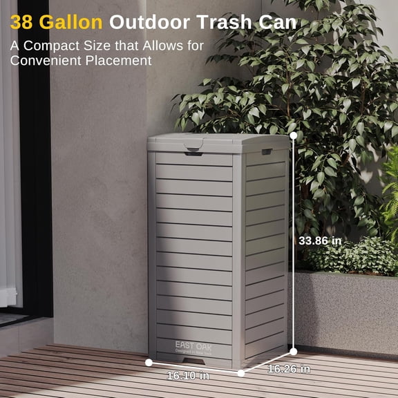 38 Gallon Outdoor Trash Can | Waterproof Resin Garbage Can with Tiered Lid & Drip Tray | Gray Color