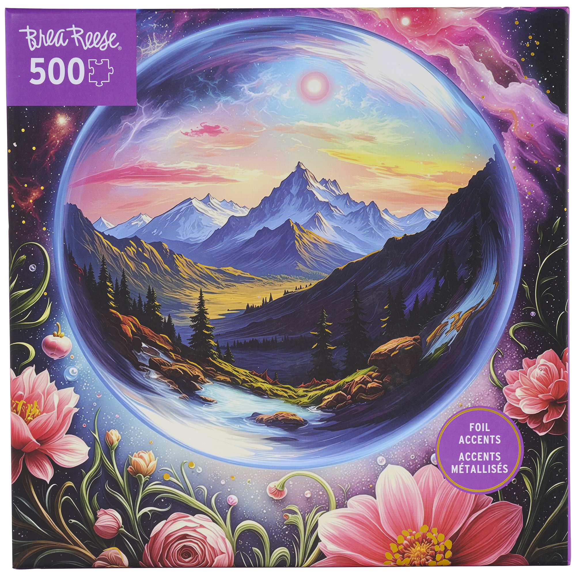 Brea Reese: 500 Piece Puzzle - Surreal Scene - Celestial Orb Framed Mountain Landscape, Adult Jigsaw, Metallic Foil, Snap-Fit, Image Reference Poster