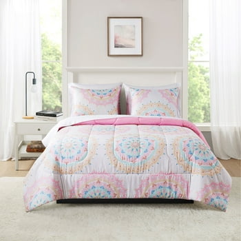 Mainstays Pink Medallion 7 Piece Bed in a Bag Comforter Set, Queen