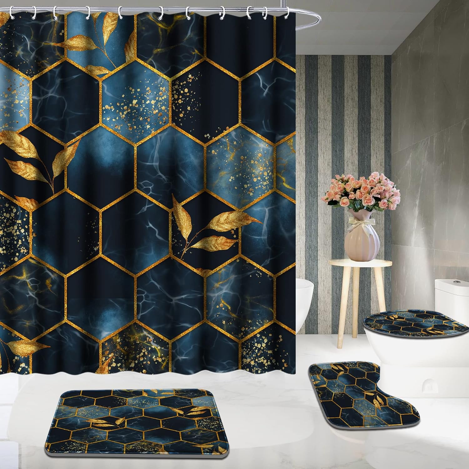 4 Pcs Bathroom Shower Curtain Set,Bathroom Sets with Rugs(Bath Mat,U Shape and Toilet Lid Cover Mat) and 12 Hooks,Sky Blue Honeycomb Marble