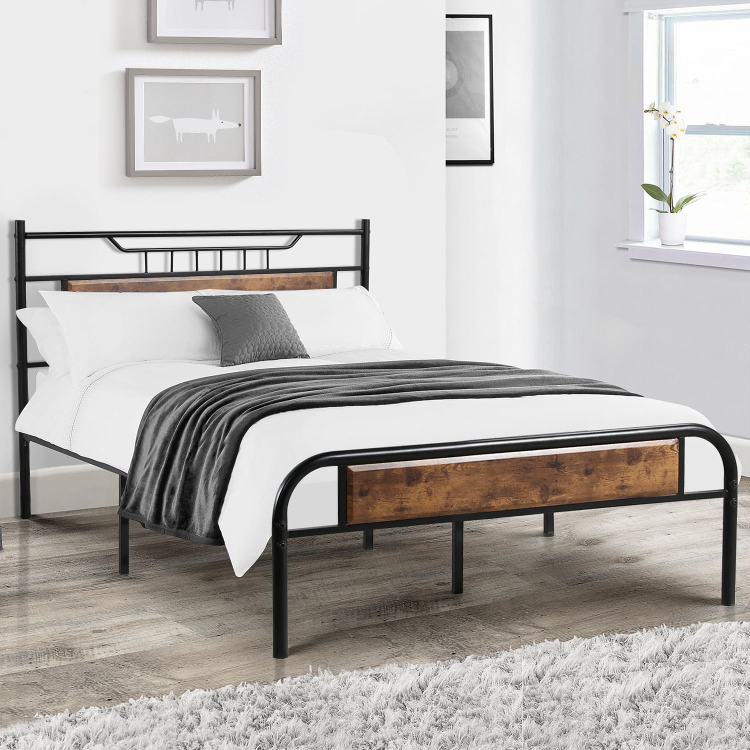 VECELO Rustic Queen Size Metal and Wood Platform Bed Frame with Wooden
