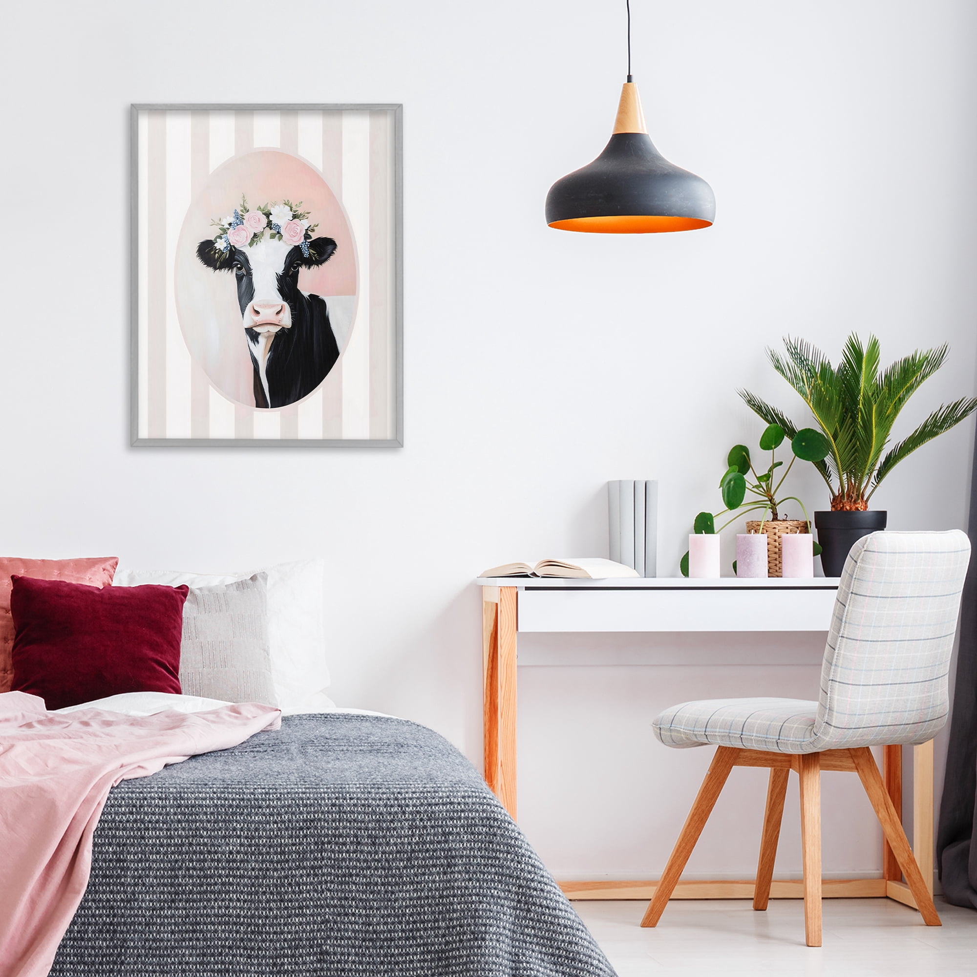 Stupell Industries Soft Cow with Floral Crown Gray Framed Giclee Art, design by Arlington Prints