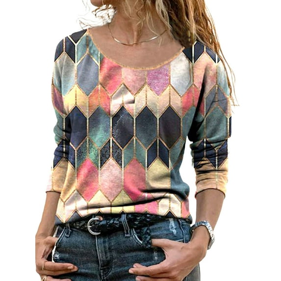 DYMADE Women Plus Size Check Loose Long Sleeve T-shirt Top