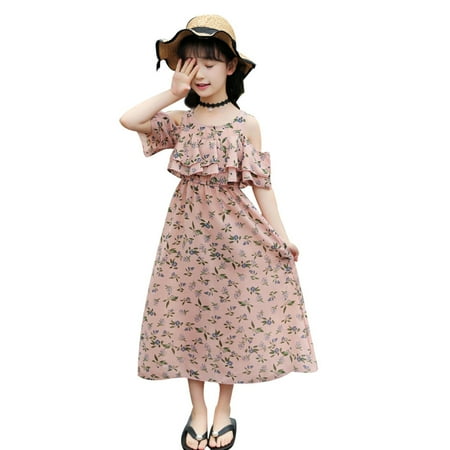 

AIMAOMI Beach Girls Ruffles Kids Floral Shoulder Clothes Children Teen Casual Dress Off Girls Dress&Skirt H