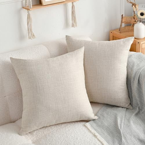 DWCN Linen Suqare Decorative Throw Pillow Covers for Home Sofa Decoration, 20 x 20 Inches, Natural Beige, 2 Pack