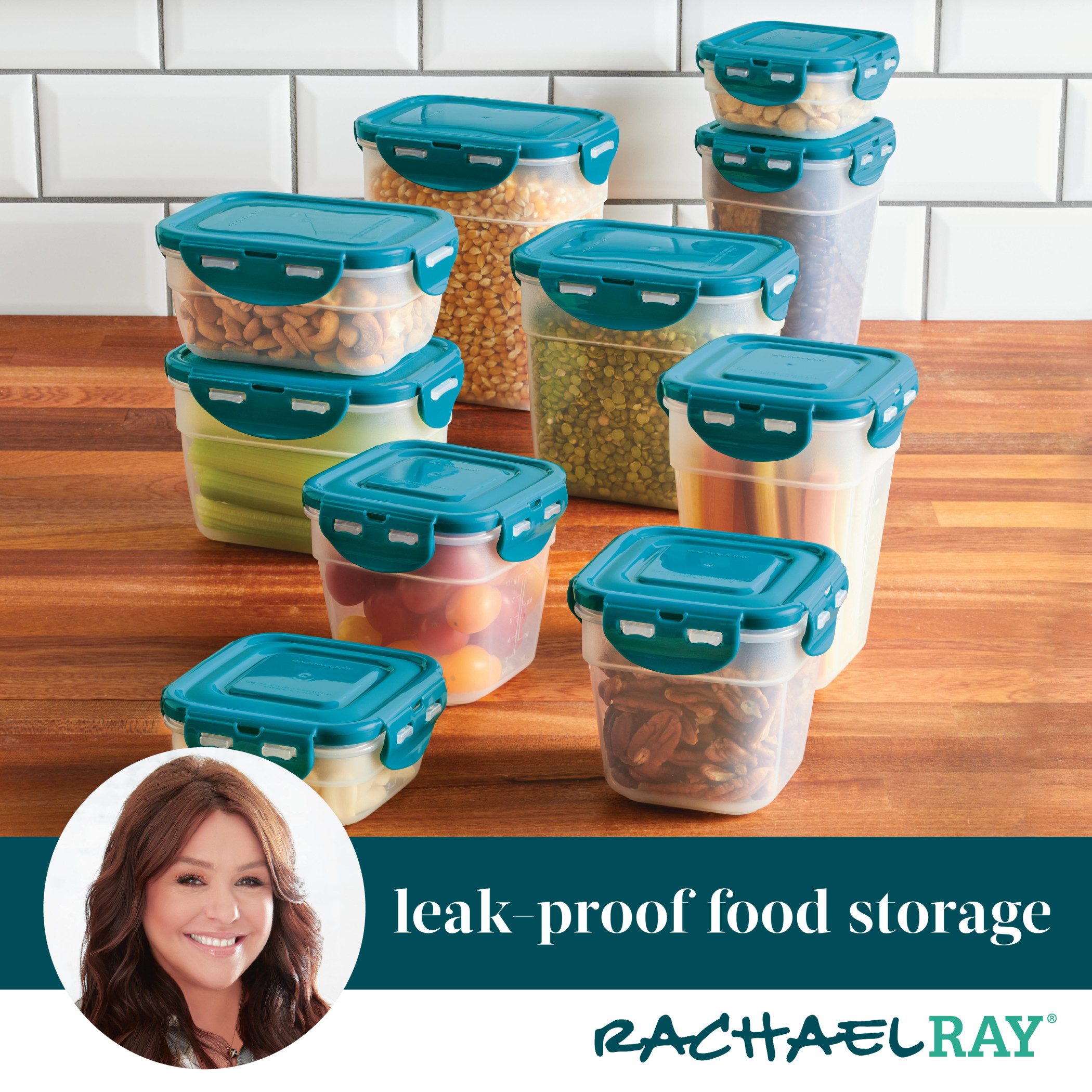 Rachael Ray Leak-Proof Stacking Food Storage Container Set, 20-Piece, Teal Lids - image 3 of 17