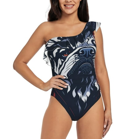 Qokaie Bulldog with Forest Flag Print Women s One Piece Swimsuits Tummy Control Bathing Suits Asymmetric One Shoulder Swimwear-Small