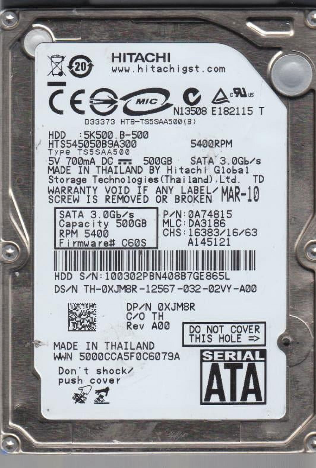 HTS545050B9A300, PN 0A74815, MLC DA3186, Hitachi 500GB SATA