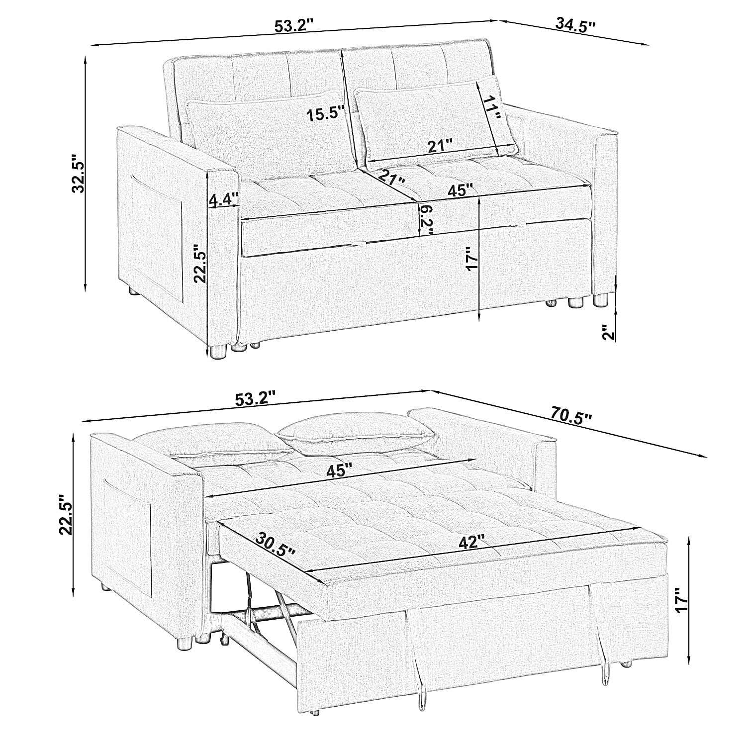 53'' Upholstered Convertible Loveseat Sleeper Sofa Bed for Apartment, Living Room, Office, Dark Gray
