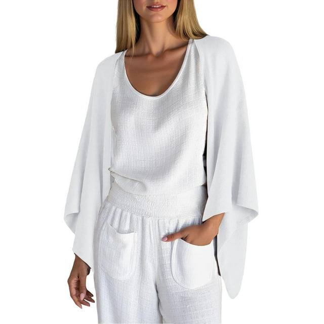 KIHOUT Women's Fashion Cardigan Shrug 3/4 Sleeve Open Front Solid Color Loose Lightweight Cover Ups