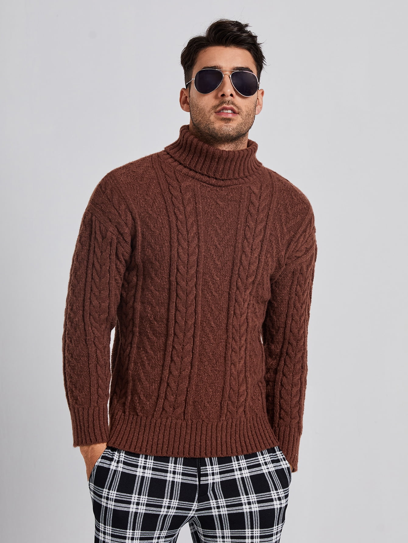 Chocolate Brown Men Turtle Neck Drop 