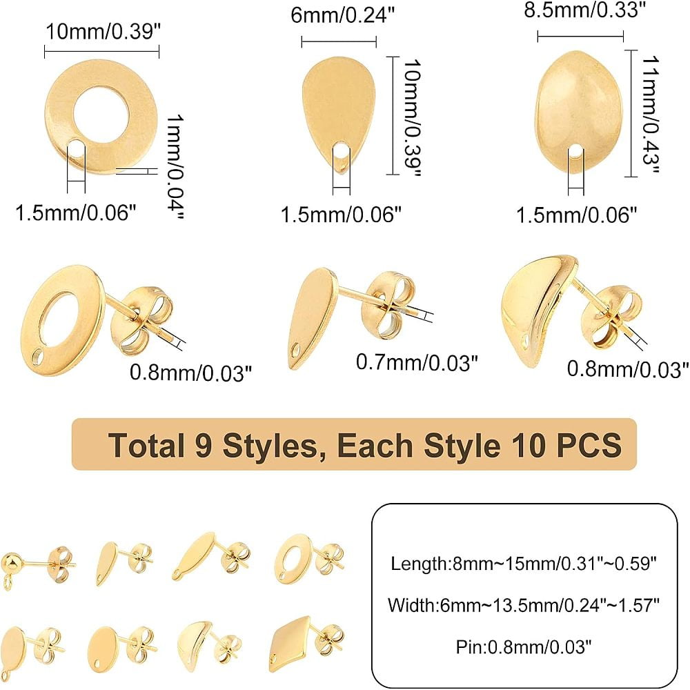 PVD Vacuum Plating 304 Stainless Steel Stud Earring Findings with Silicone Ear Nuts Mixed Shapes Golden 200pcs/Box