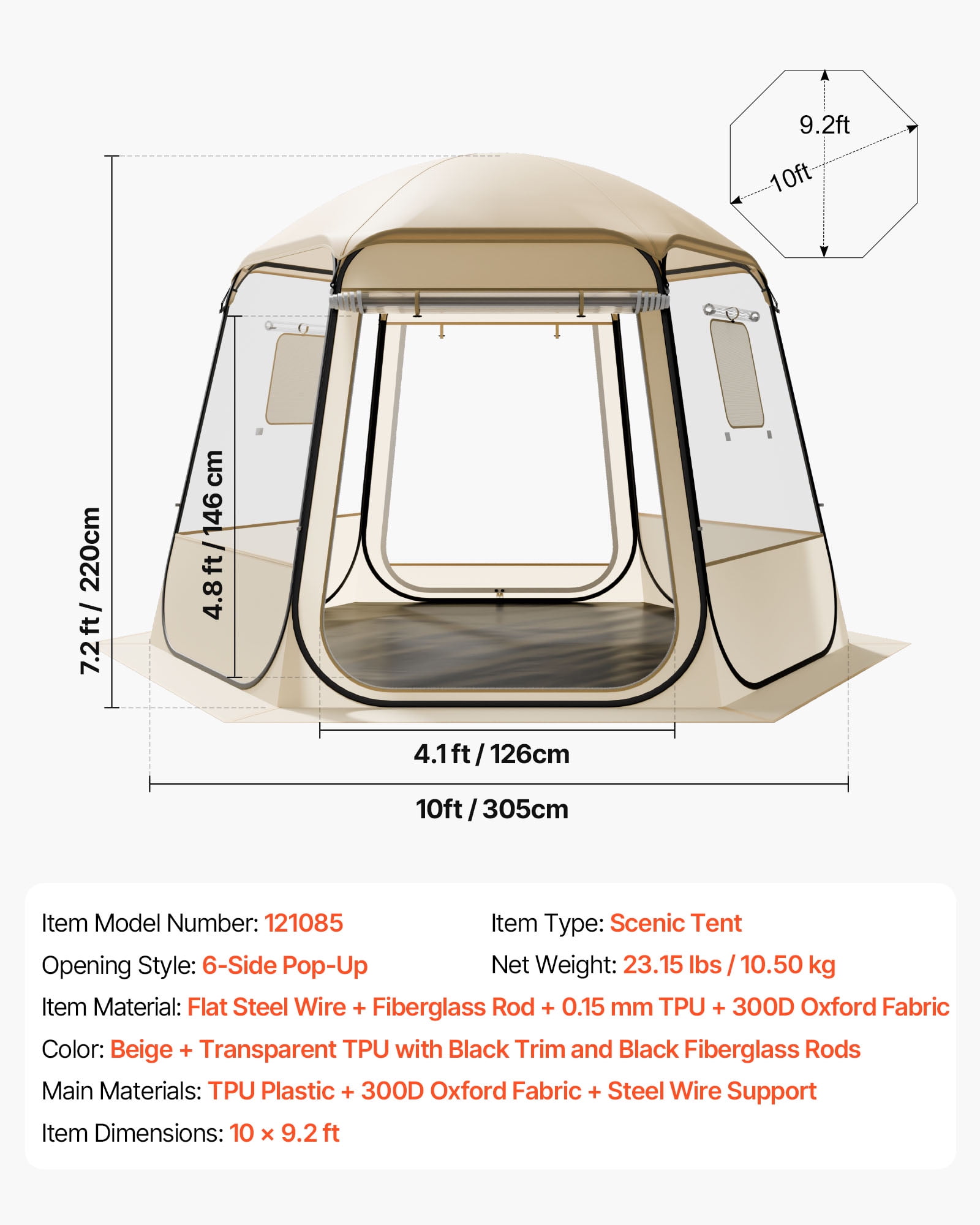 VEVOR Pop up Bubble Tent, 10 x 9.2 ft Waterproof & UV-Resistant, Clear Camping Tent Shelter, Outdoor Garden Dome Igloo Tents with Windows, 540° Panoramic View, for 4-8 Persons Patio Backyard