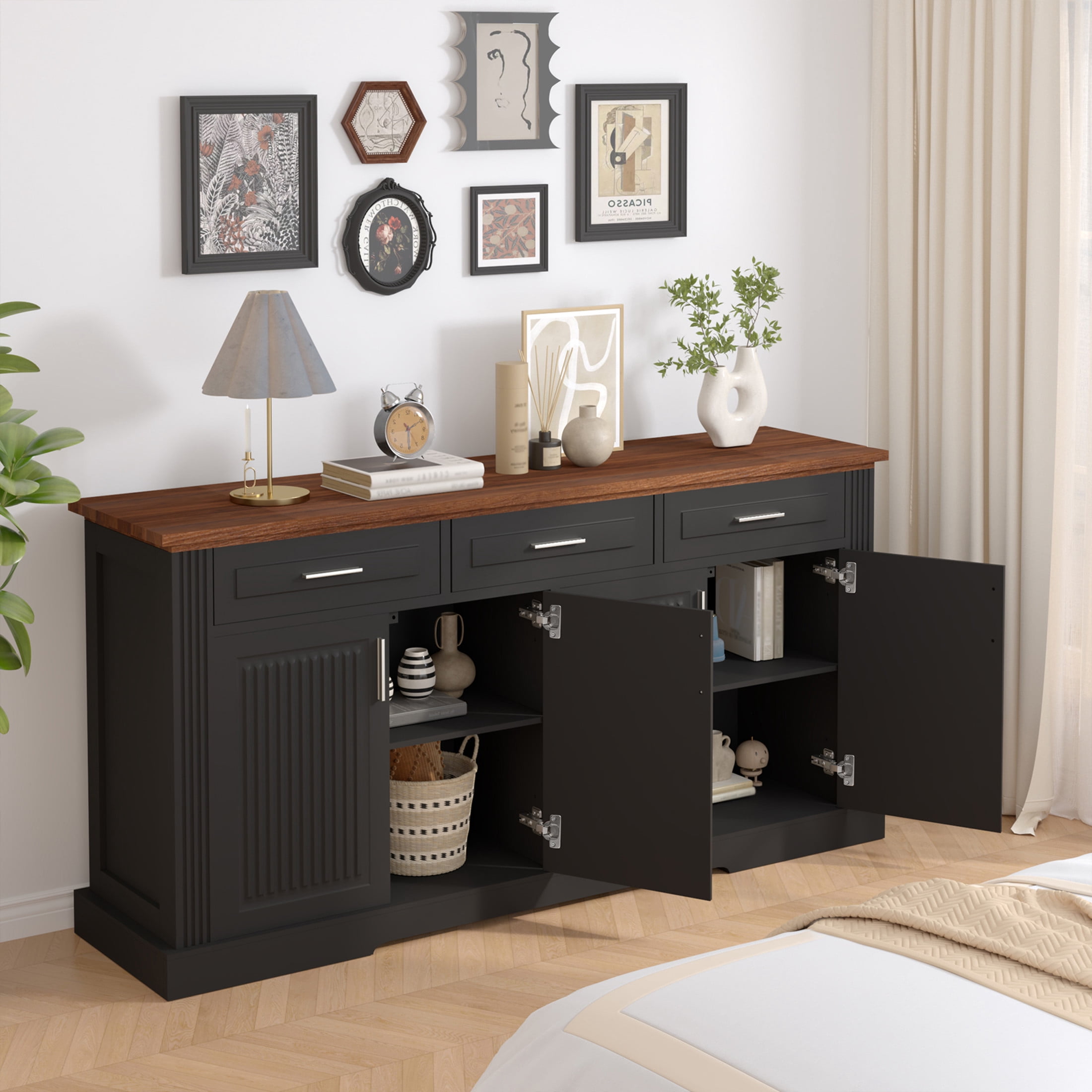 Noble House 63" Fluted Sideboard Buffet Cabinet with 4 Doors, Drawers and Adjustable Shelves, Black