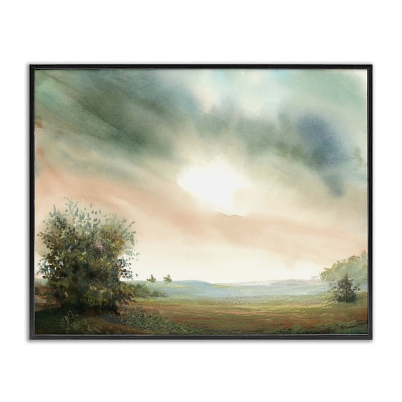 Stupell Industries Sunrise over Pastoral Field Landscape & Nature Painting Black Framed Art Print Wall Art, 14 x 11
