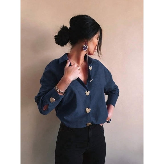 Women Collared Button Down Shirt, Heart Decor Buttons Long Sleeve Casual Blouse