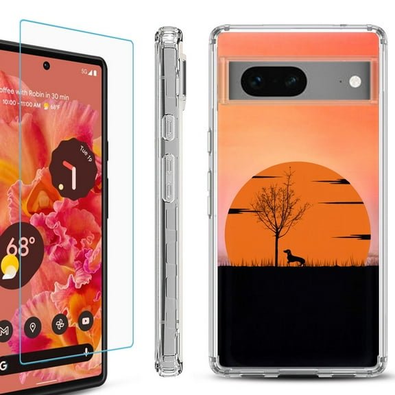 Shockproof Bumper Phone Case for Google Pixel 7, with Tempered Glass Screen Protector, by OneToughShield ® - Sunset Dachshund