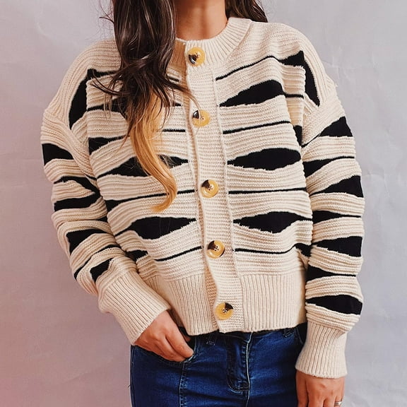 CEHVOM Women's Casual Irregular Stripe Contrast Color Crewneck Cropped Cardigan Sweater Jacket