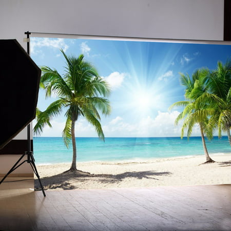 7x5FT/5x7FT Photography Backdrop Background Vinyl Photo Video Studio Props Summer Palm Tree Sun Beach /Wooden Wall