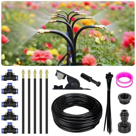 360° Adjustable Drip Irrigation System - Garden Watering System 16.5FT with 5 Nozzles, Drip Irrigation Kit for Garden, Yard, Lawn, Greenhouse, Plants, 5/16 inch Hose