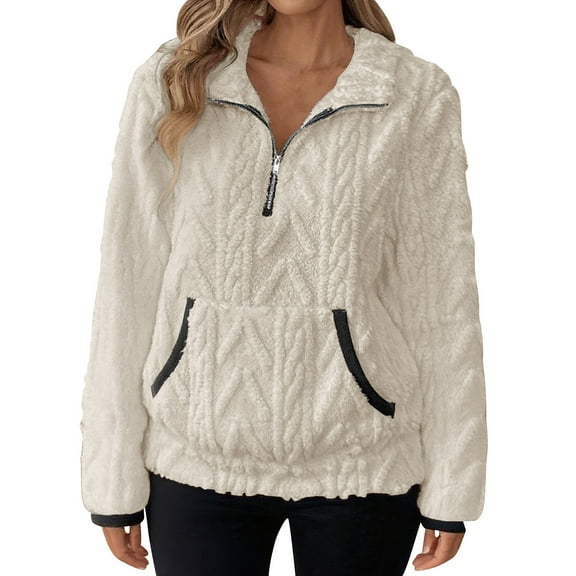 Womens 1/4 Zip Sweaters Fleece Pullover Sweatshirt Jacket Tops with Pocket Solid Solid Casual Winter Clothes (XL, Beige)