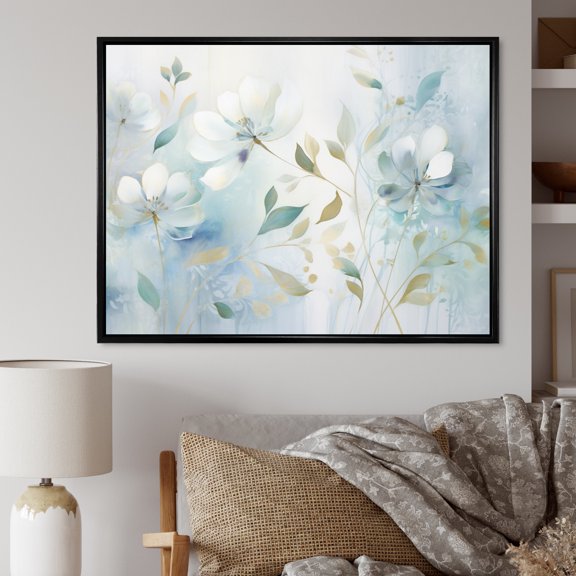 Designart "Blue Botanical flow I" Abstract Botanicals Floater Framed Canvas Wall Art