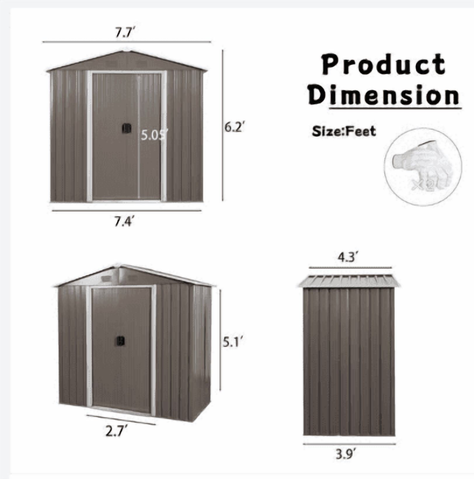 High Quality Metal Outdoor Storage Shed, 8ft x 4ft, Brown