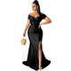thumbnail image 1 of Vestido de noche elegantes con hombros descubiertos fruncido de muslo con abertura sexy, 1 of 4