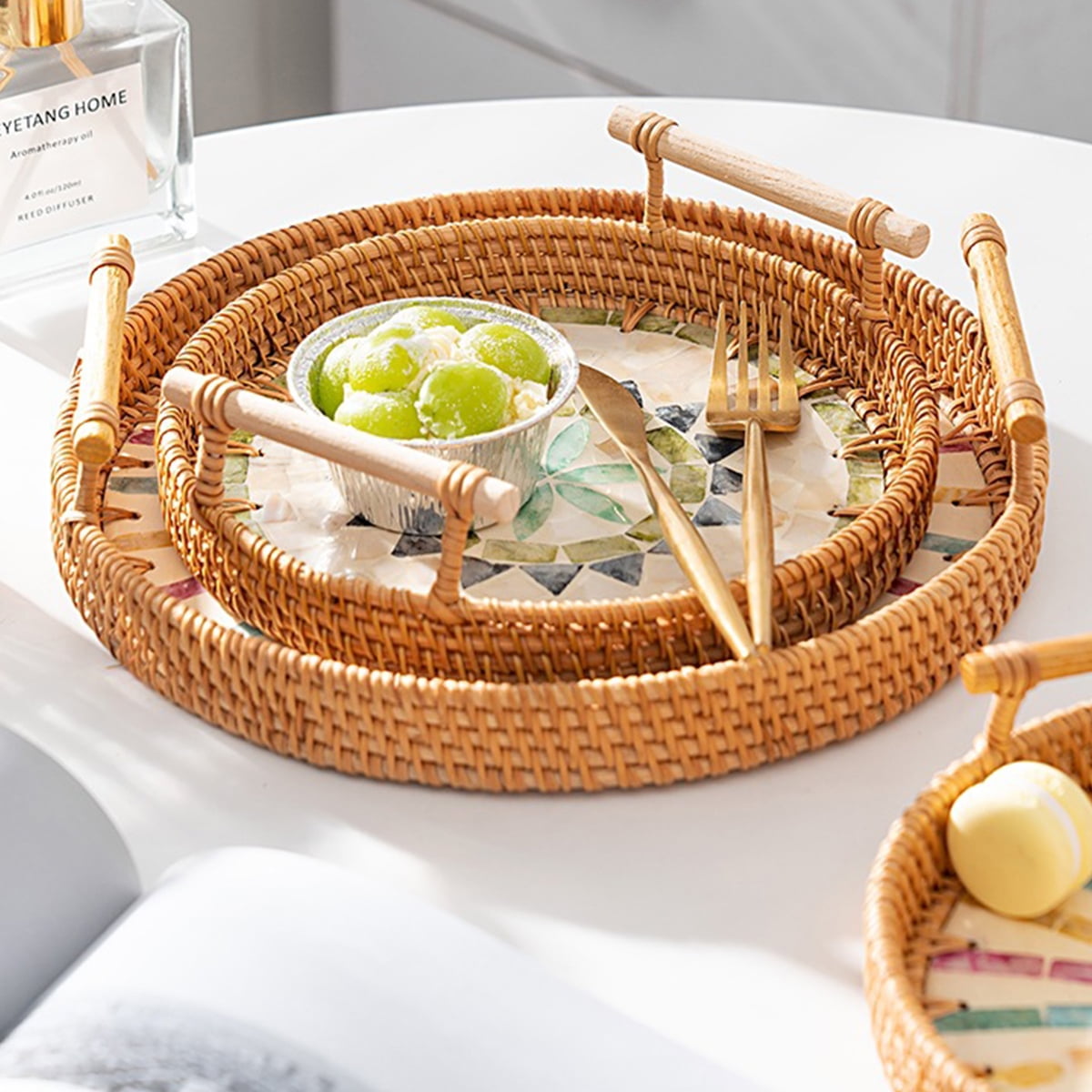 Round Rattan Wicker Woven Tray Basket with Shell Wooden Base and Handle for Fruit Bread Serving, Coffee Table Tray, Vanity Ottoman Tray Organizer for Kitchen, Storage Display