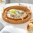thumbnail image 4 of Round Rattan Wicker Woven Tray Basket with Shell Wooden Base and Handle for Fruit Bread Serving, Coffee Table Tray, Vanity Ottoman Tray Organizer for Kitchen, Storage Display, 4 of 8