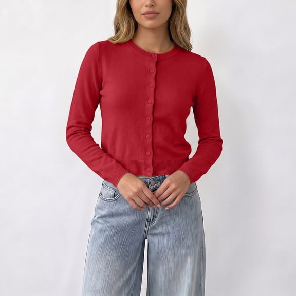 Qulqfy Knitted Womens Cropped Cardigan Red Petite Long Sleeve Button Up Casual Fall Outfits M
