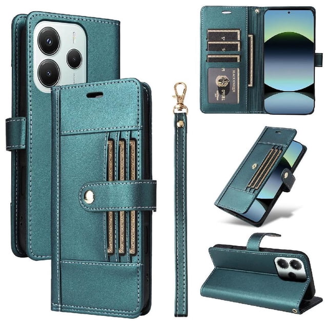 FOXDOCK Wallet Case for Xiaomi Redmi Note 14 5G – PU Leather Flip Cover with Multi Card Slots, Cash Pocket & Wrist Strap