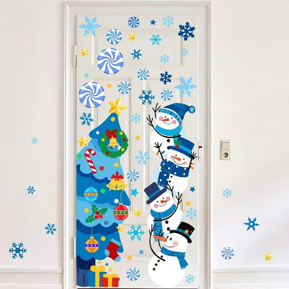 2 Sheets Christmas Window Clings Christmas Window Sticker Wall Decoration Waterproof Self-Adhesive Snowman Snow Christmas Tree PVC Gathering Decor