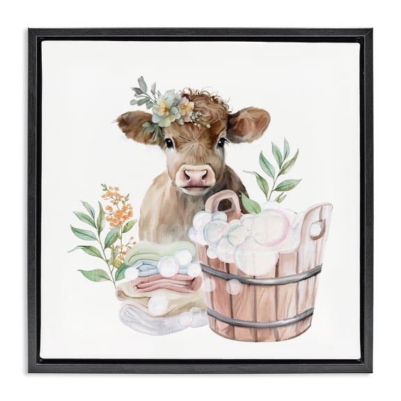 Laundry Day Baby Cow Black Framed Floater Canvas Wall Art, design by Kim Allen