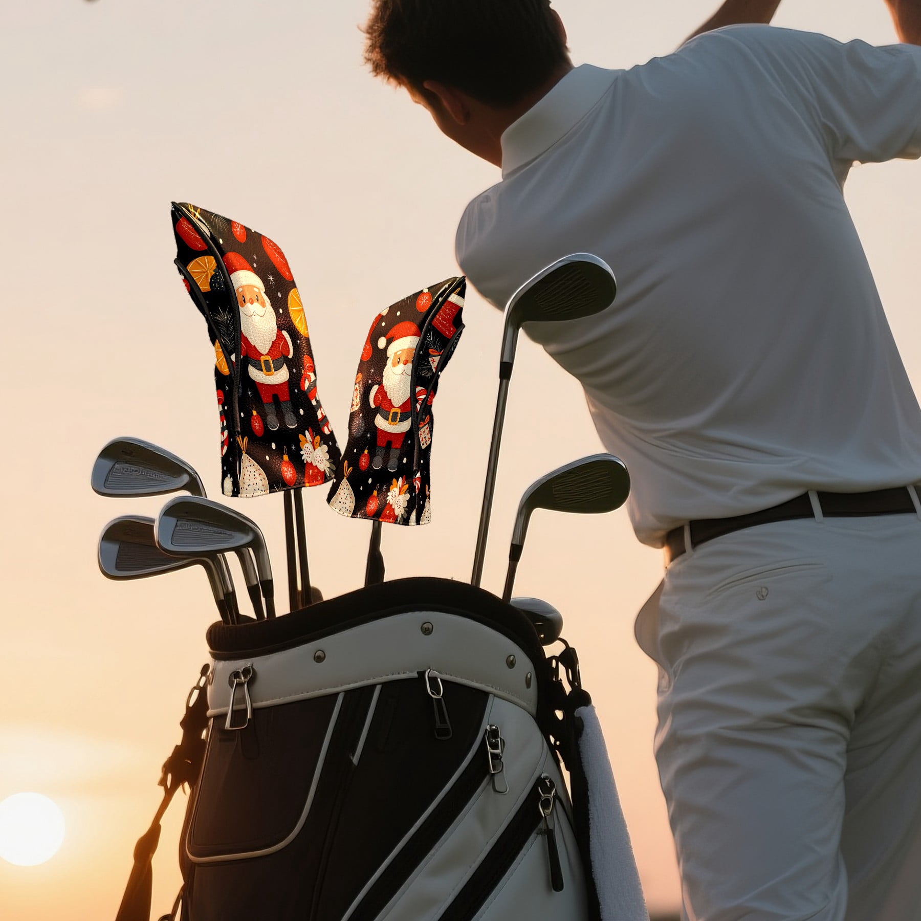 Golf Club Covers PU Leather Waterproof Head Covers for Fairway Woods Hybrids Christmas Pattern Unisex Fits Most Brands