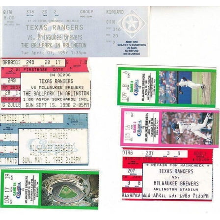 Milwaukee Brewers at Texas Rangers lot of 7 vintage 1989 to 1997 tickets