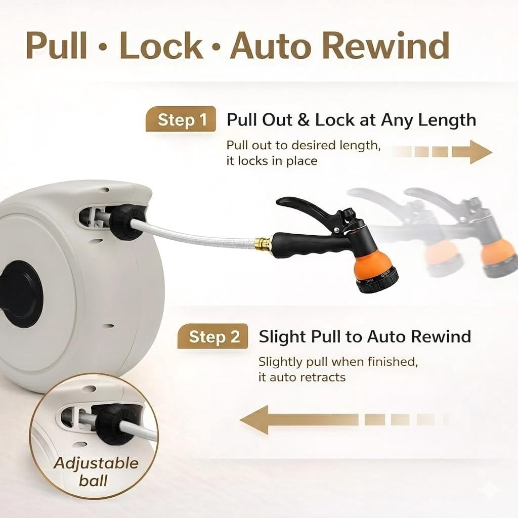 Retractable Garden Hose Reel 100 ft, Smooth Auto Rewind, No-Kink & No Jam, Wall Mounted with 180? Swivel, Easy Install Heavy Duty Hose Reel for Garden & Yard