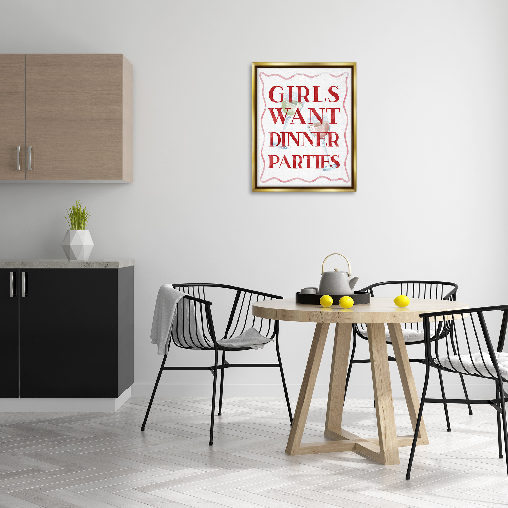 Stupell Industries Girls Want Dinner Parties Food & Beverage Painting Gold Floater Framed Canvas Art Print Wall Art, 25 x 31