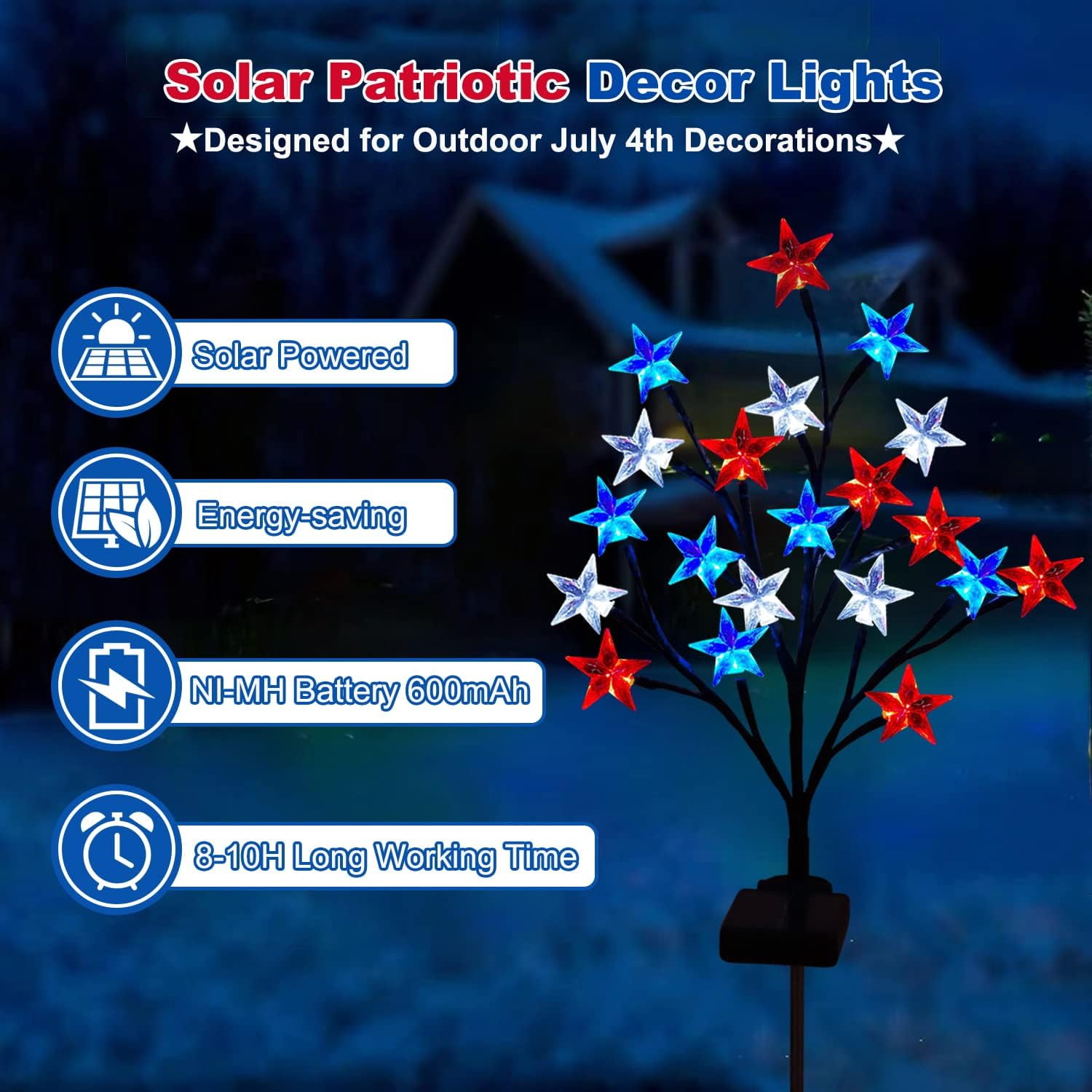 4 Pack 4th of July Decorations Solar Patriotic Star Lights, Solar Red White Blue Star Floral Pathway Lights, Waterproof Outdoor Patriotic Decorations Lights for Memorial Day Garden Yard