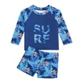 thumbnail image 3 of lnmuld Toddler Boys 2-Piece Swim Set, UPF 50+ Long Sleeve Rash Guard Shirt & Swim Trunks, Maple Leaf Letter Print Size:9-12 Months, 3 of 7