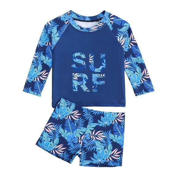 JIAYUE Toddler Boys Swimsuit Set Long Sleeve Crewneck Top And Trunks Two Piece Swimwear With Leaf Letter Print Beach Vacation Bathing Suit For Child