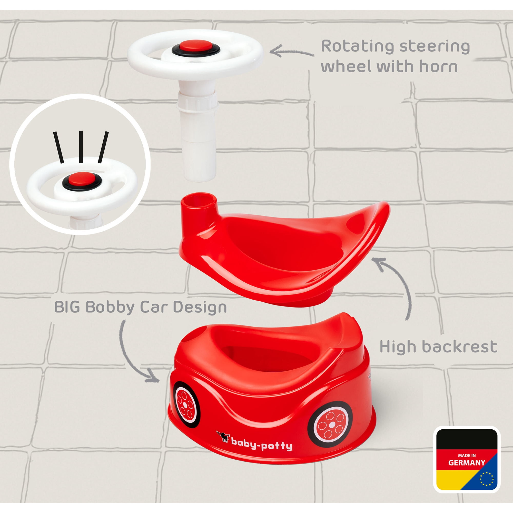 BIG: Baby Potty - Red - Training Toilet In Fun Bobby Car Design, Steering Wheel, Comfortable Seat, Easy-Clean Insert, Development Tool, Toddlers 18mo+