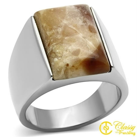 Brown Banded Agate - Classy Not Trashy® Men's Stainless Steel Brown Agate Wide Band Dome Shaped Ring - Size 13