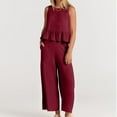 thumbnail image 3 of MSJUHEG Two Piece Outfits For Women Fall Outfits 2 Piece Solid Color Outfits Sleeveless Ruffle Tank Crop Top & Wide Leg Pants Set With Pockets Linen Pants Red M, 3 of 8