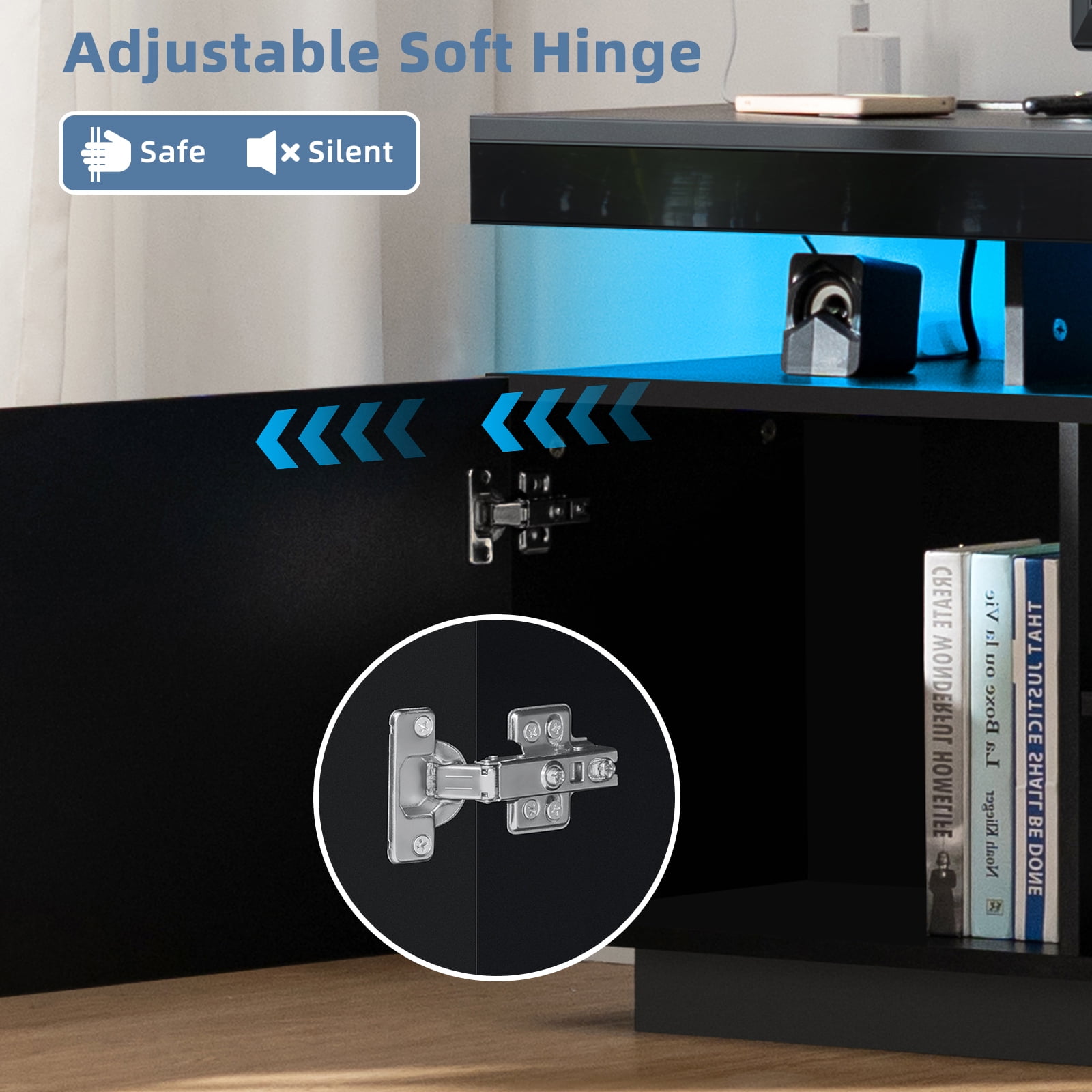 Hommpa TV Stand for TVs up to 65" with LED Lights & Power Outlets Modern Gaming Entertainment Center High Gloss Media Console TV Cabinet Black